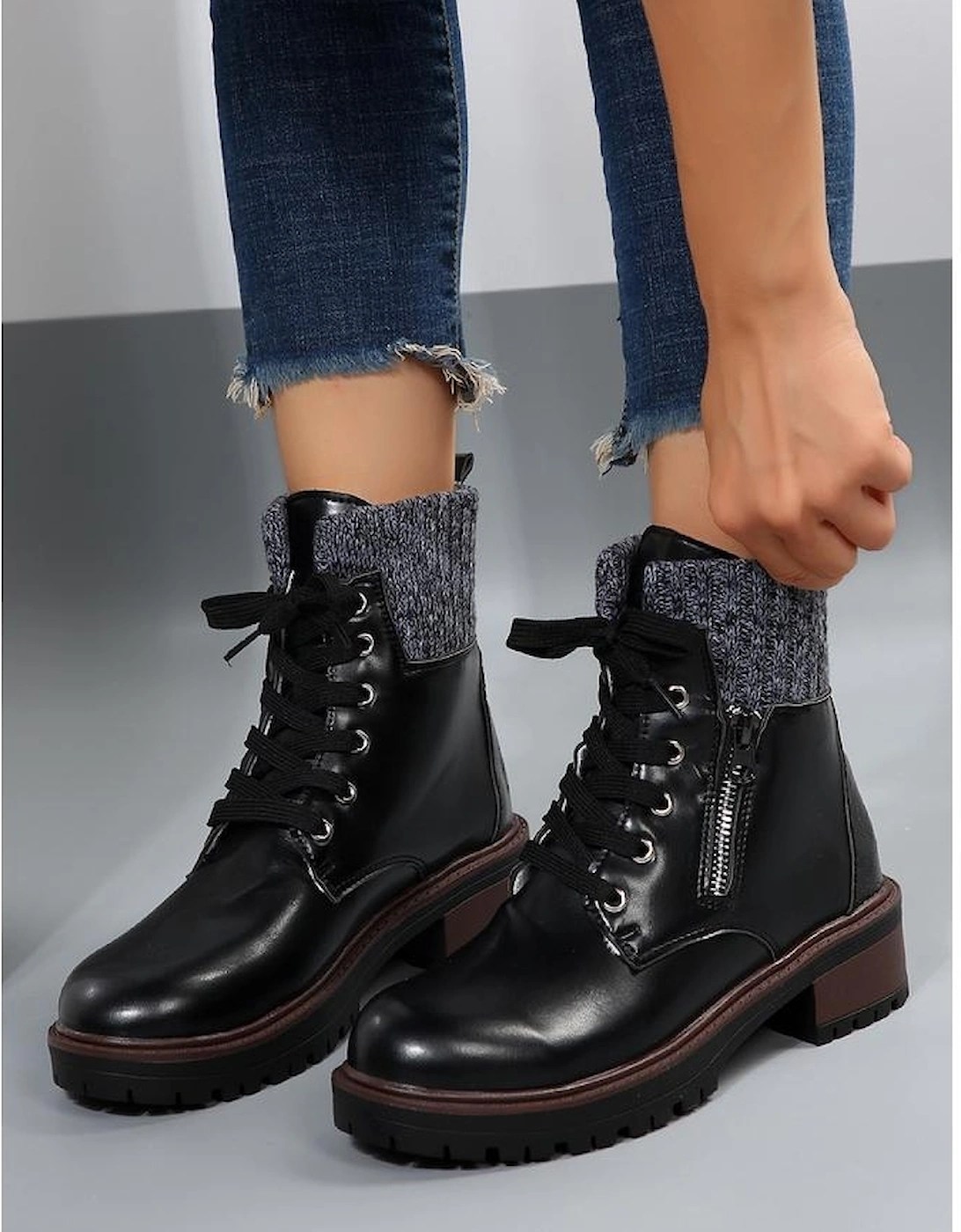 Black Knitted Patched Lace-up Heeled Ankle Boots