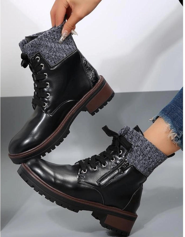 Black Knitted Patched Lace-up Heeled Ankle Boots