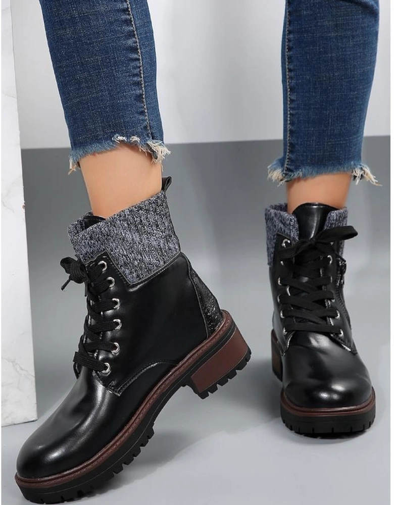 Black Knitted Patched Lace-up Heeled Ankle Boots