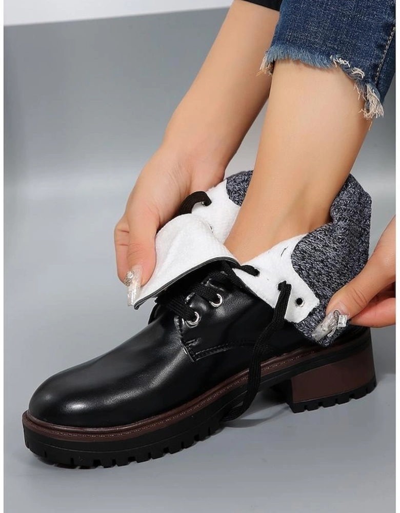 Black Knitted Patched Lace-up Heeled Ankle Boots