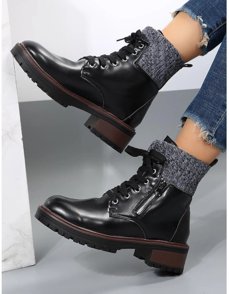 Black Knitted Patched Lace-up Heeled Ankle Boots