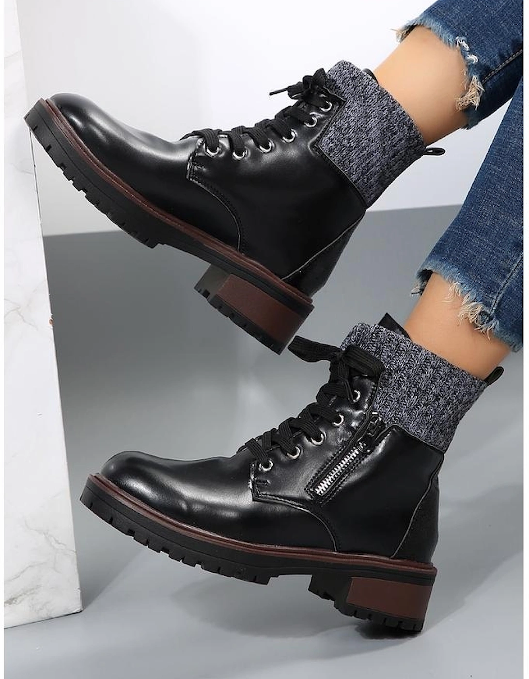 Black Knitted Patched Lace-up Heeled Ankle Boots
