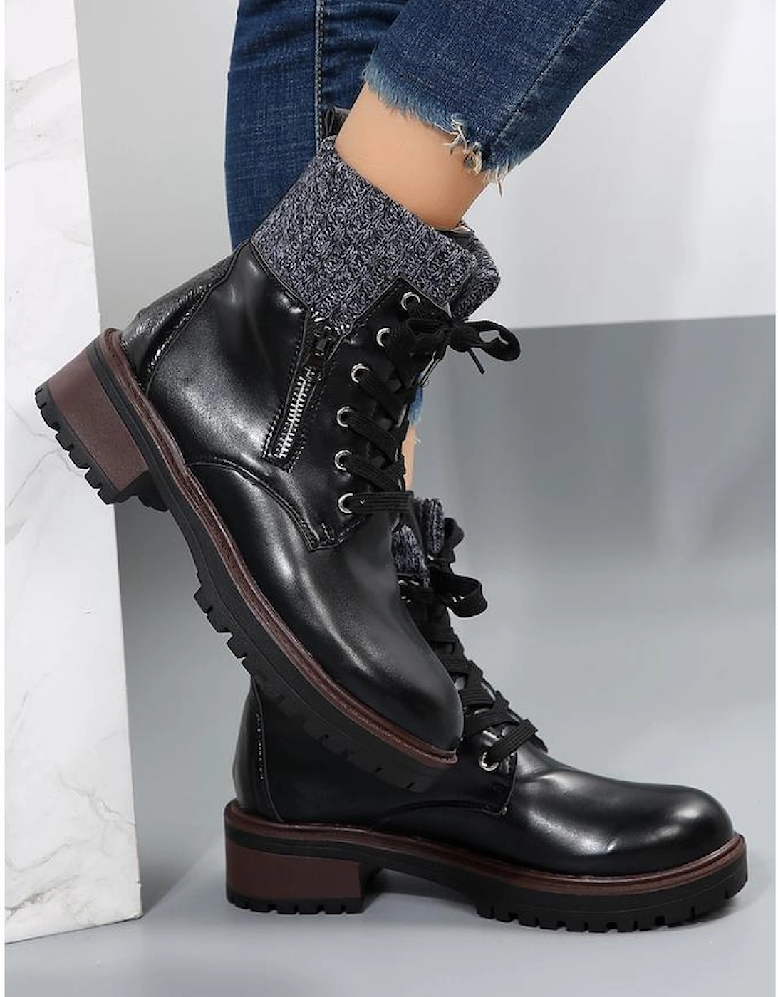 Black Knitted Patched Lace-up Heeled Ankle Boots