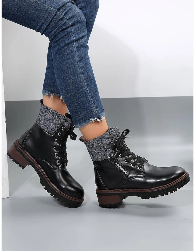 Black Knitted Patched Lace-up Heeled Ankle Boots
