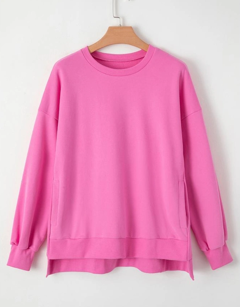Bonbon Solid Fleece Lined Drop Shoulder High Low Sweatshirt