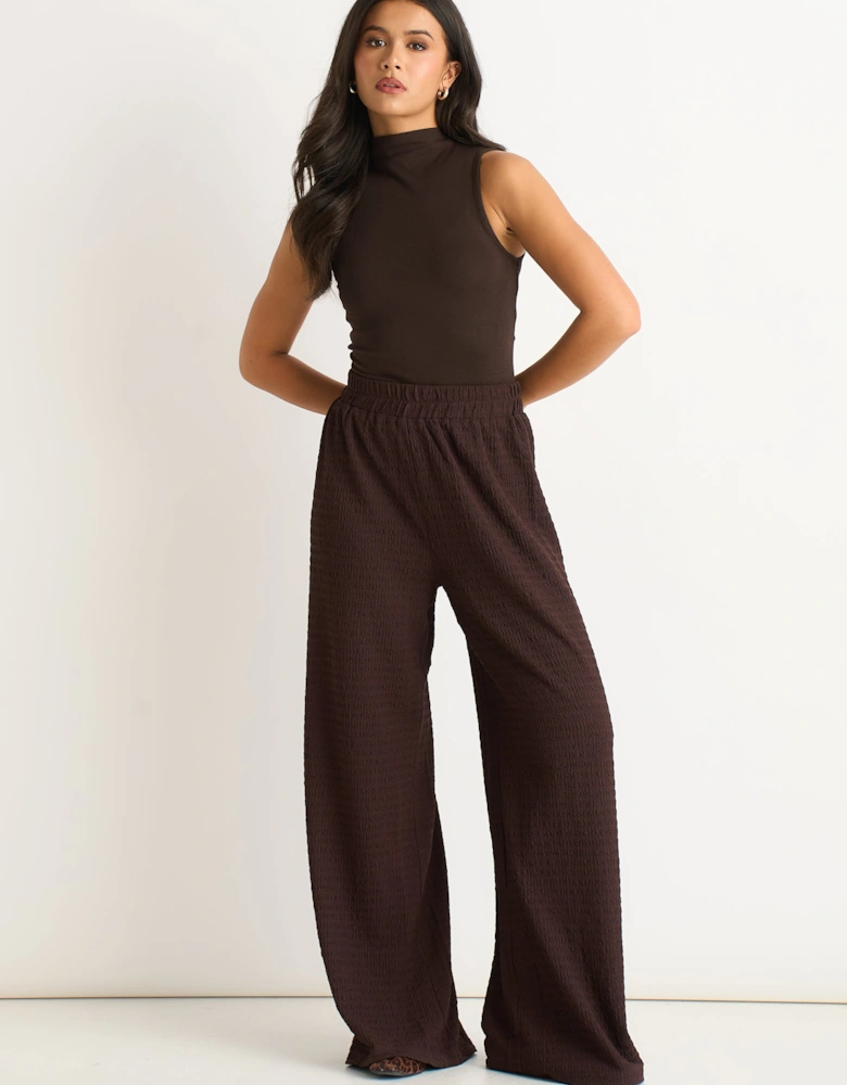 Chocolate Textured Elastic Waist Pull On Trousers