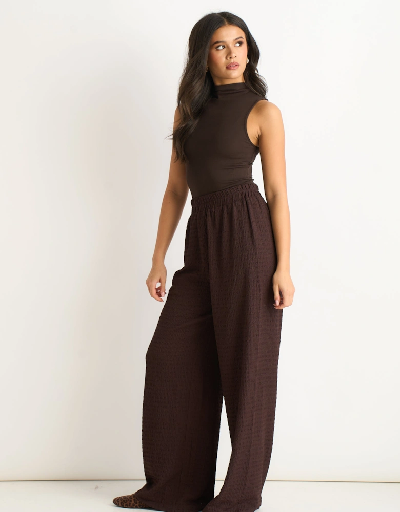 Chocolate Textured Elastic Waist Pull On Trousers