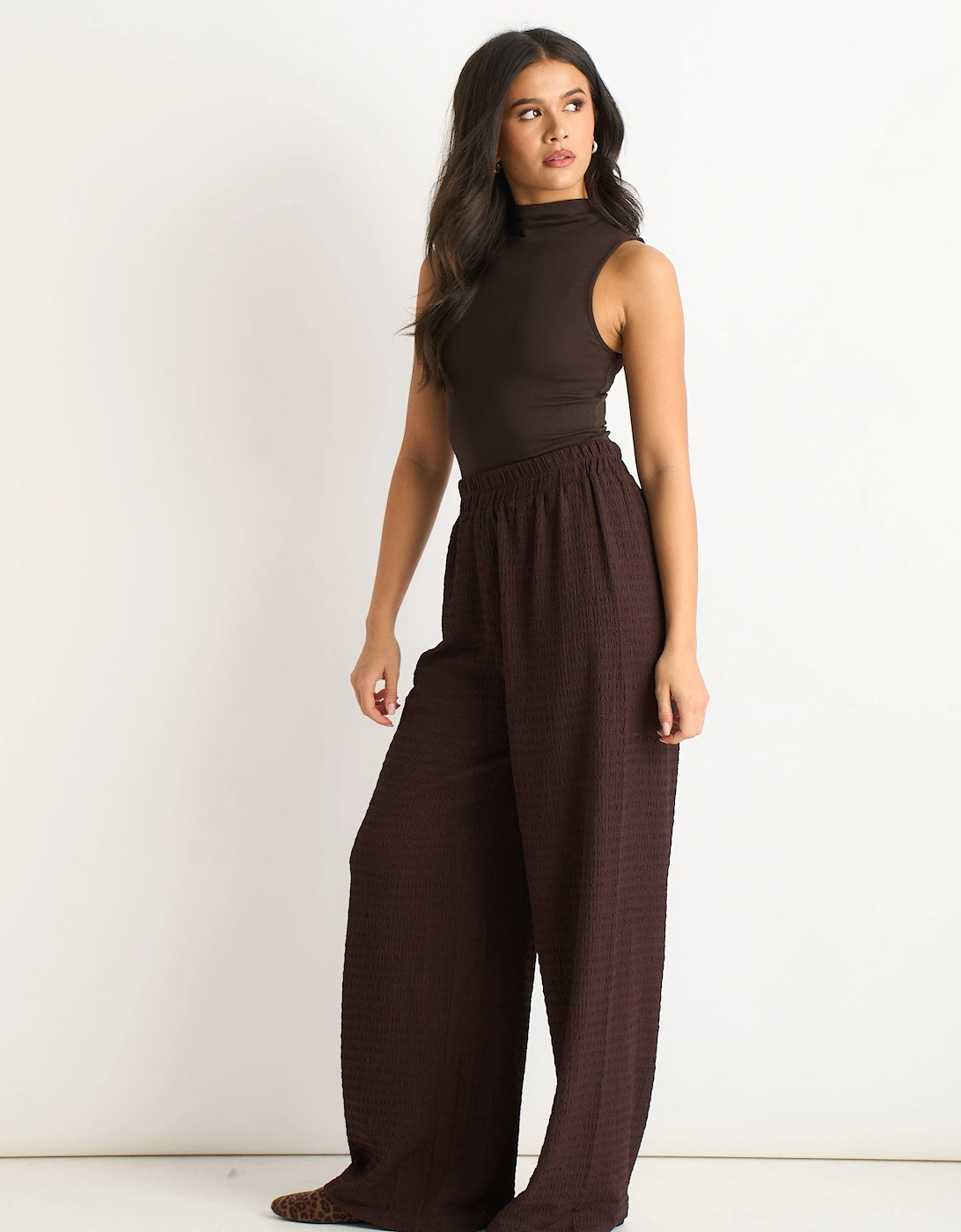 Chocolate Textured Elastic Waist Pull On Trousers