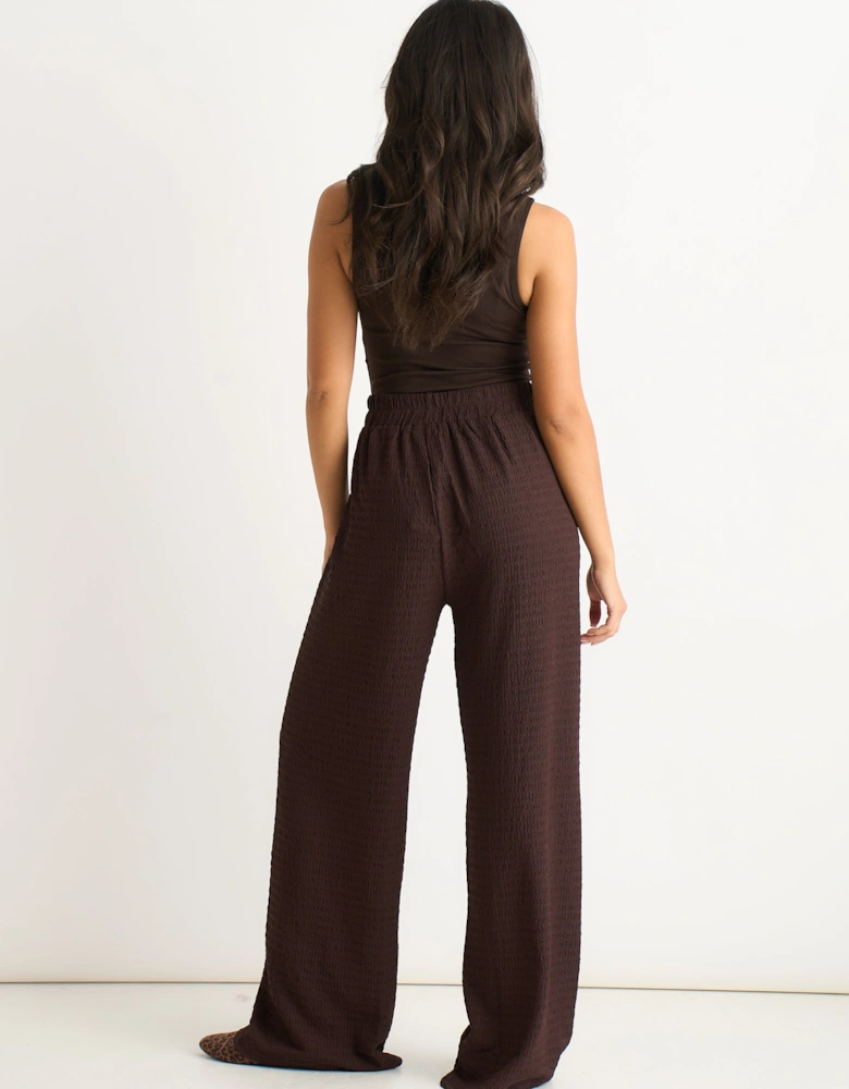 Chocolate Textured Elastic Waist Pull On Trousers