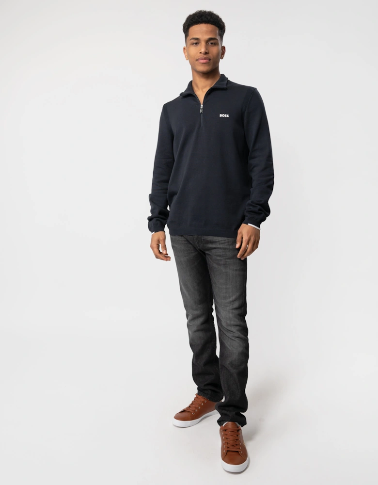 BOSS Green Ever-X Mens Cotton Blend Zip-Neck Sweater with Logo Print - Dark Blue 402