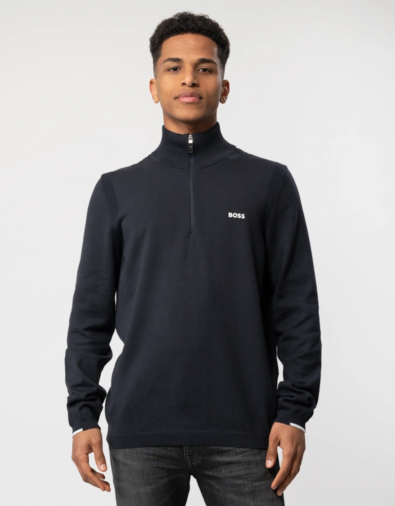 BOSS Green Ever-X Mens Cotton Blend Zip-Neck Sweater with Logo Print - Dark Blue 402