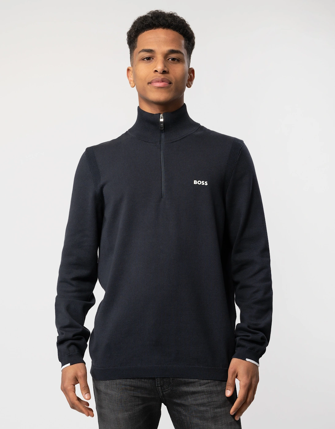 BOSS Green Ever-X Mens Cotton Blend Zip-Neck Sweater with Logo Print - Dark Blue 402, 5 of 4