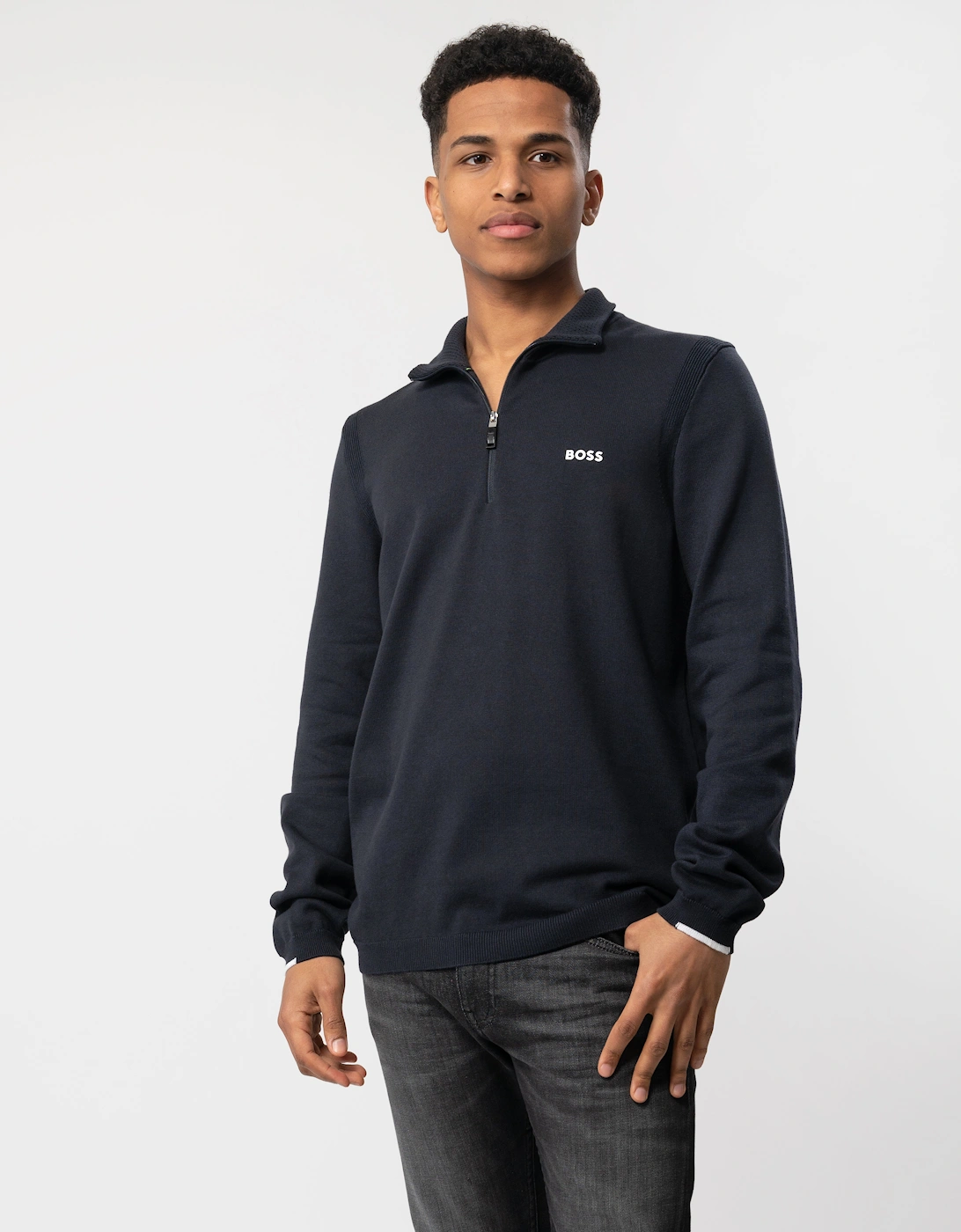 BOSS Green Ever-X Mens Cotton Blend Zip-Neck Sweater with Logo Print - Dark Blue 402