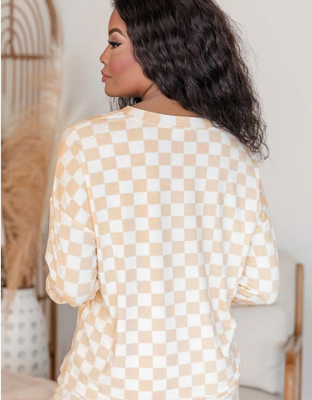 Beige Checkered Print Long Sleeve Top and Pants Lounge Set, 14 of 13