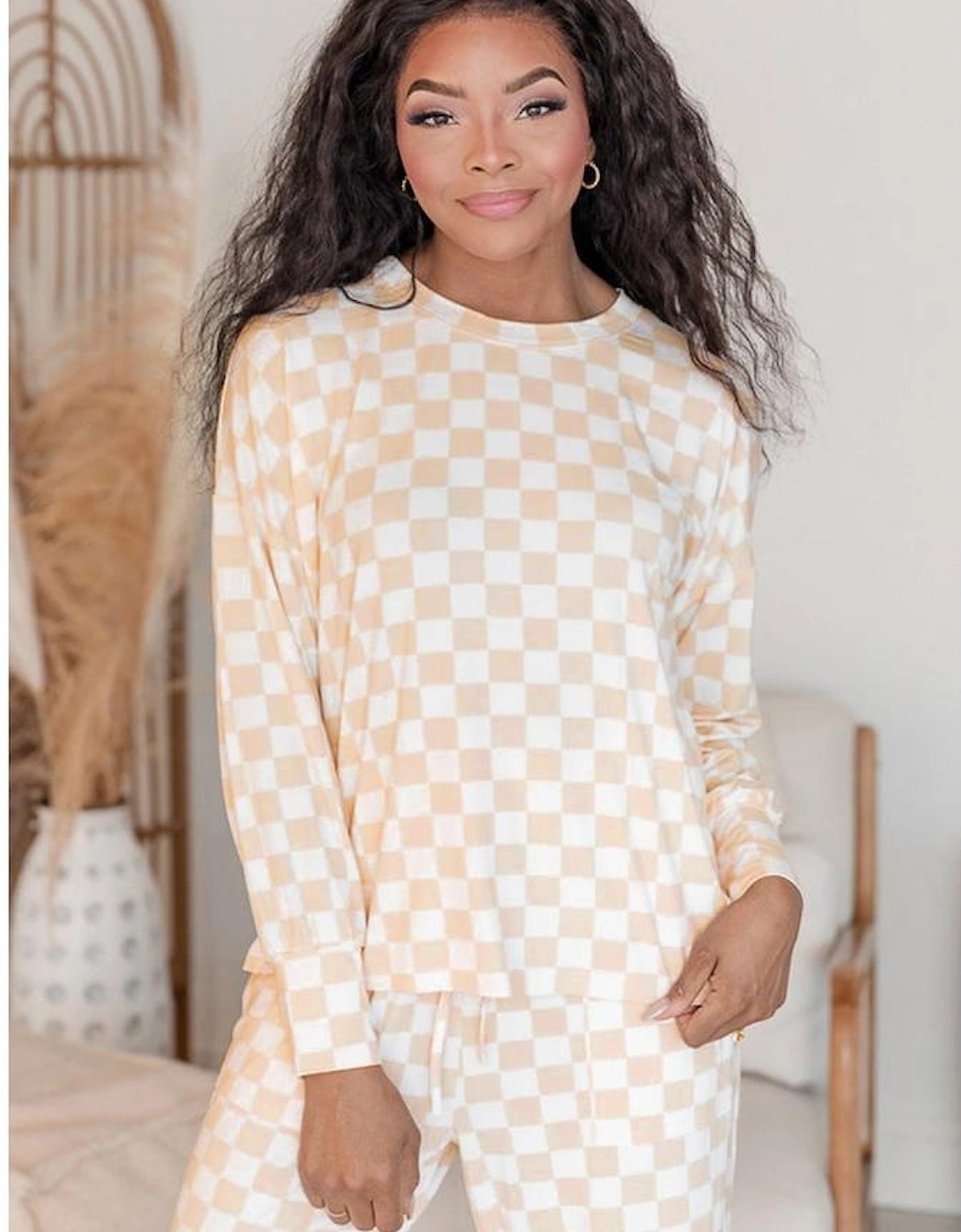 Beige Checkered Print Long Sleeve Top and Pants Lounge Set