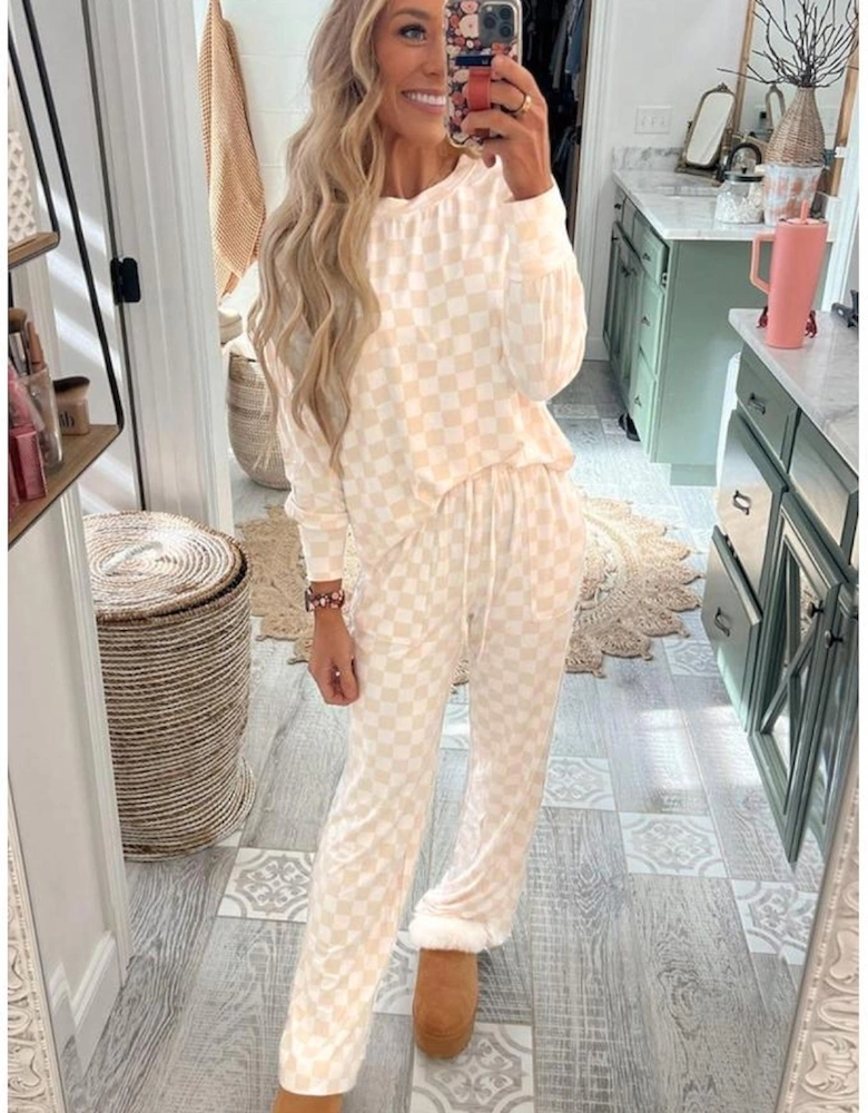 Beige Checkered Print Long Sleeve Top and Pants Lounge Set