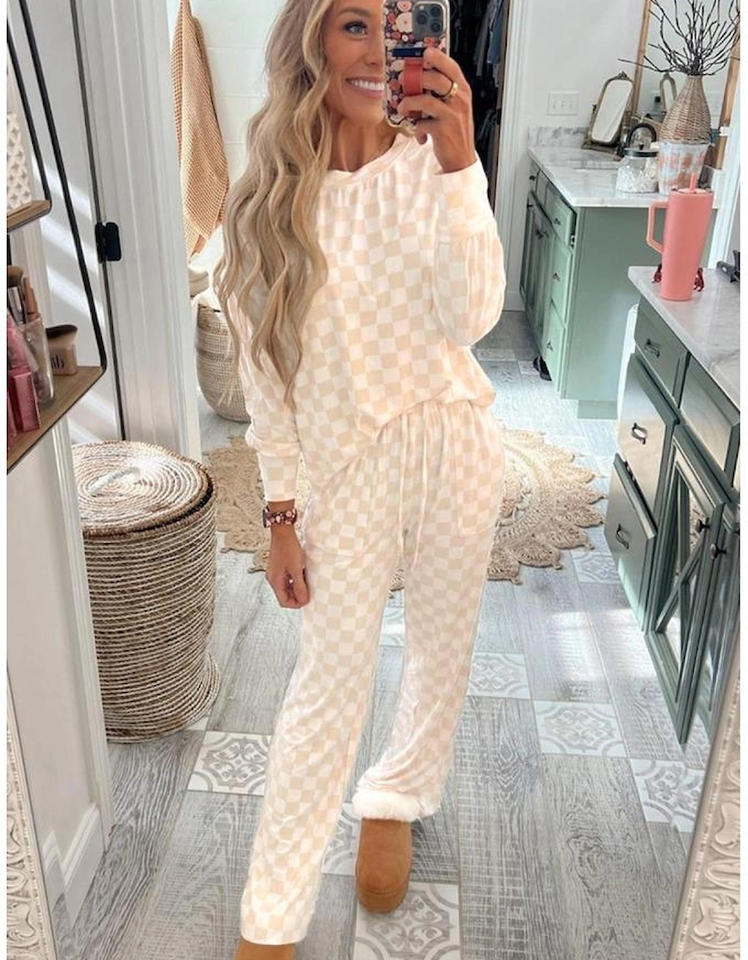 Beige Checkered Print Long Sleeve Top and Pants Lounge Set