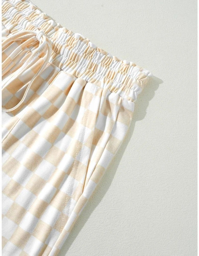 Beige Checkered Print Long Sleeve Top and Pants Lounge Set