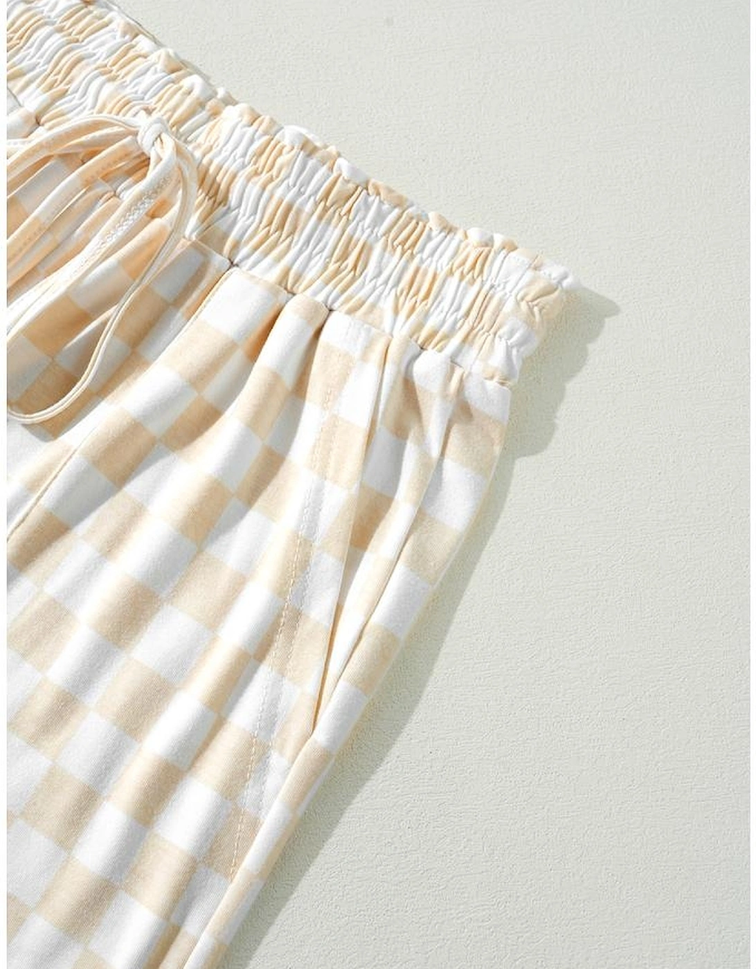 Beige Checkered Print Long Sleeve Top and Pants Lounge Set