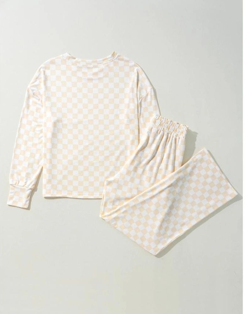 Beige Checkered Print Long Sleeve Top and Pants Lounge Set