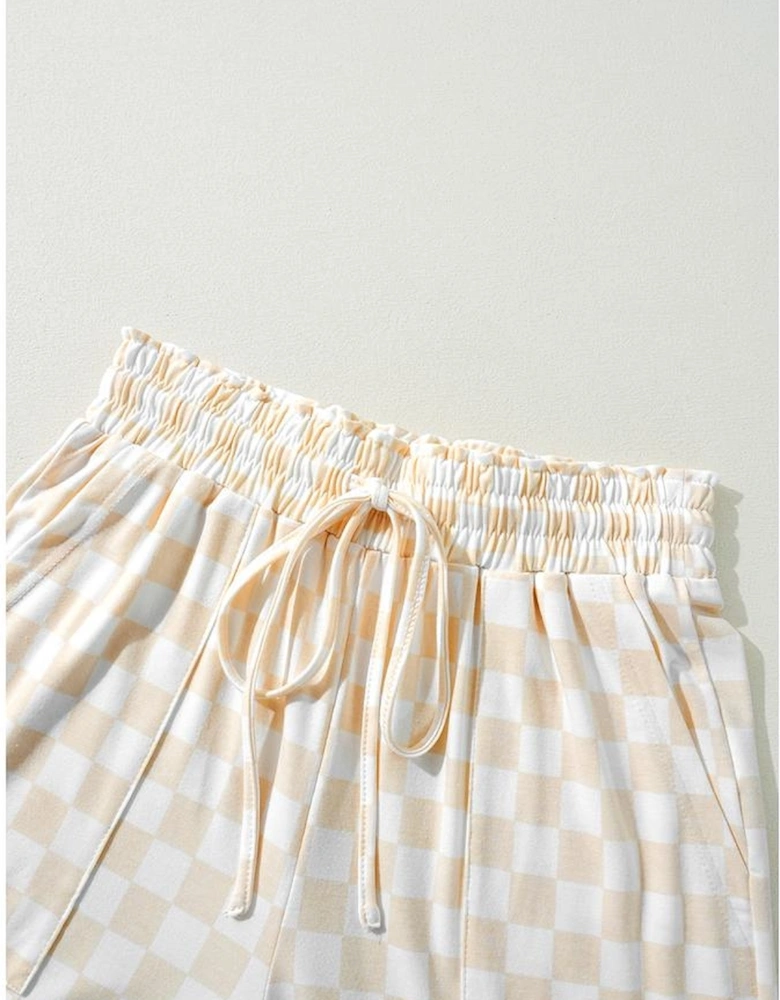 Beige Checkered Print Long Sleeve Top and Pants Lounge Set