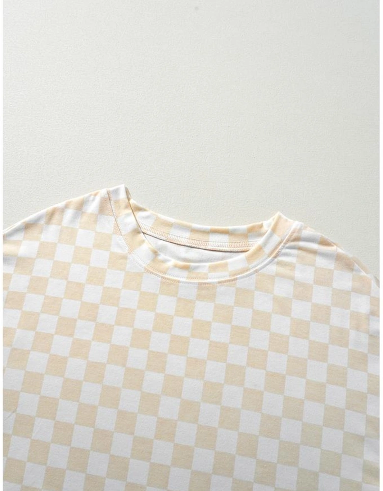 Beige Checkered Print Long Sleeve Top and Pants Lounge Set