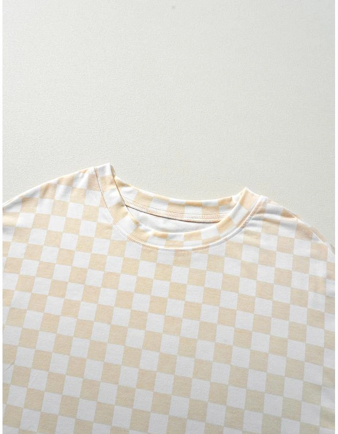 Beige Checkered Print Long Sleeve Top and Pants Lounge Set