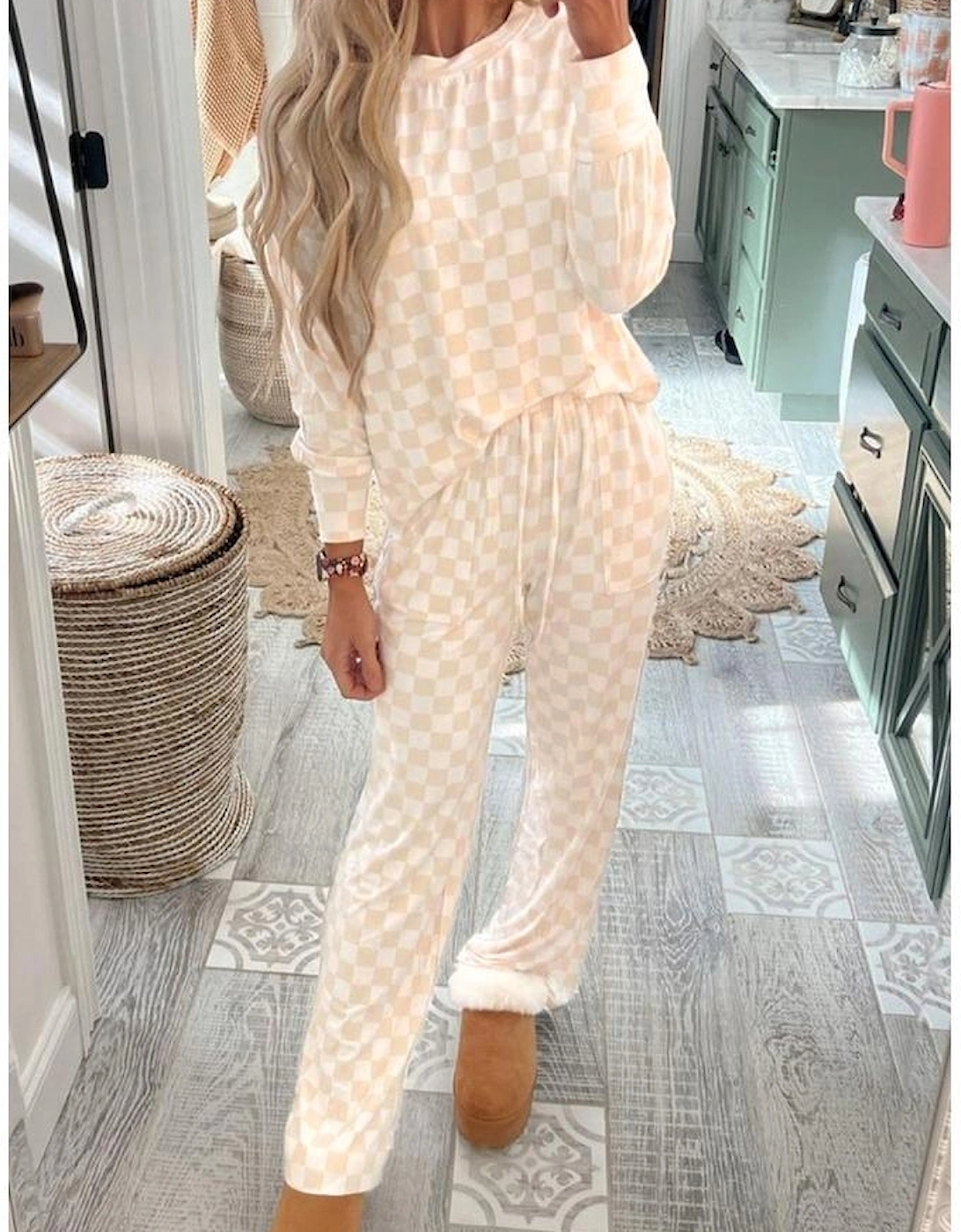 Beige Checkered Print Long Sleeve Top and Pants Lounge Set