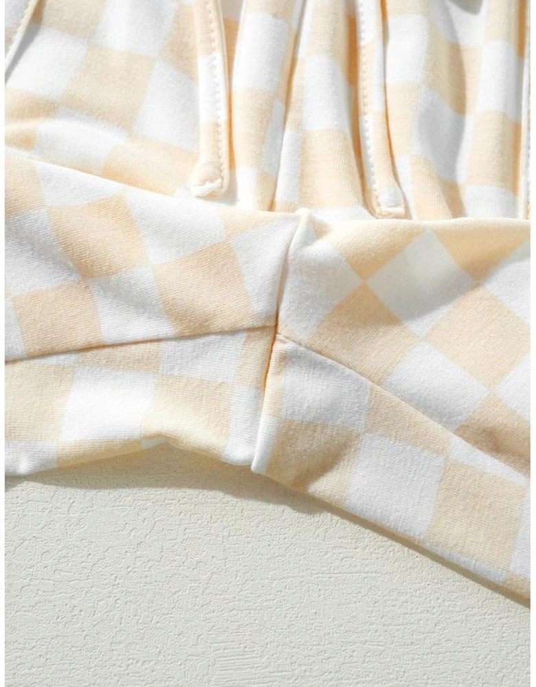 Beige Checkered Print Long Sleeve Top and Pants Lounge Set