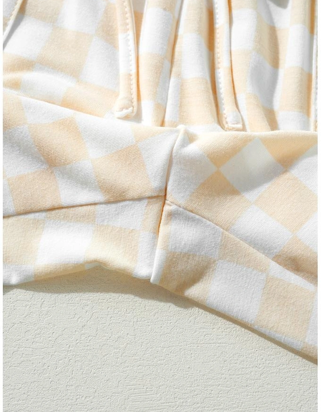 Beige Checkered Print Long Sleeve Top and Pants Lounge Set