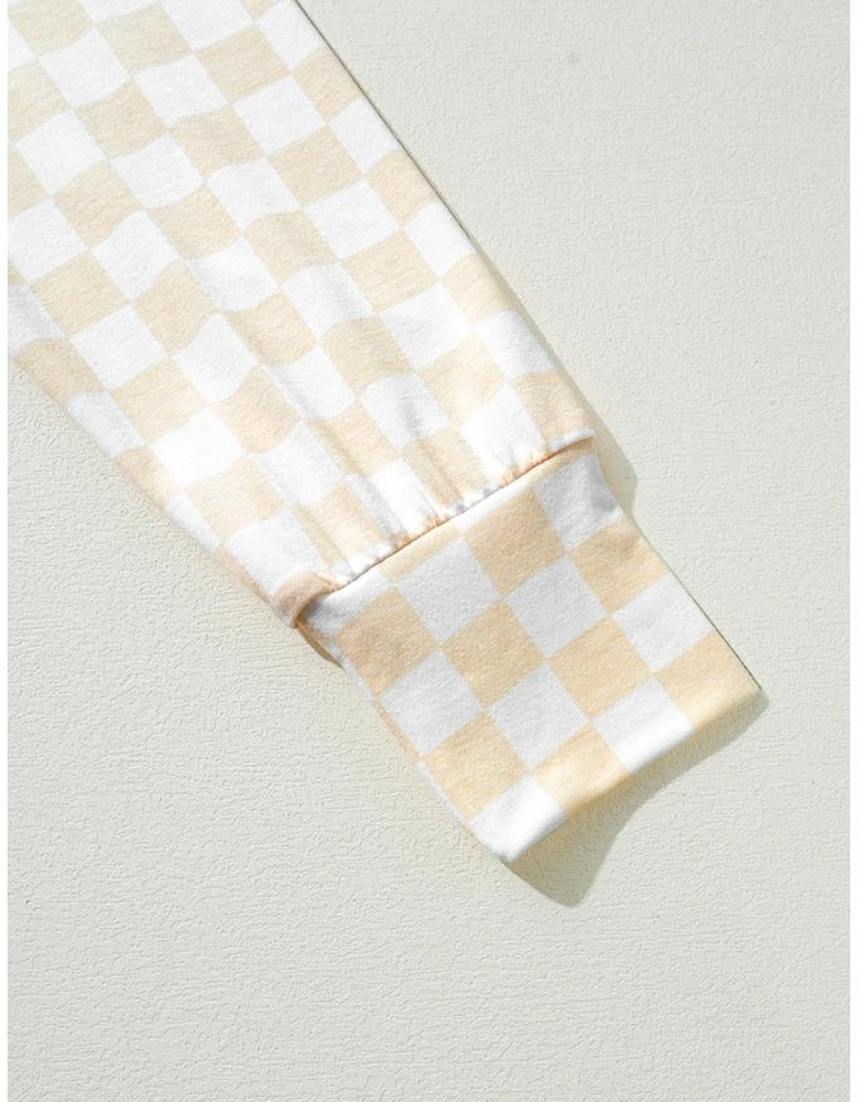 Beige Checkered Print Long Sleeve Top and Pants Lounge Set
