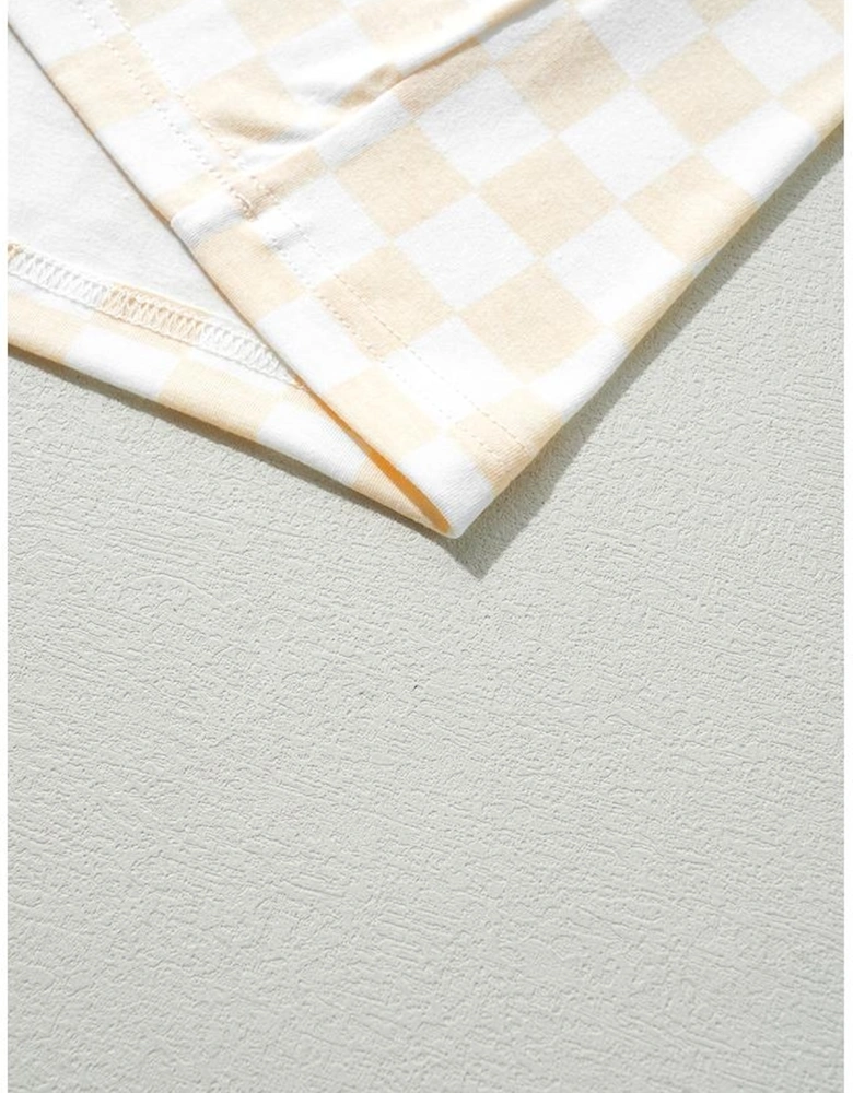 Beige Checkered Print Long Sleeve Top and Pants Lounge Set