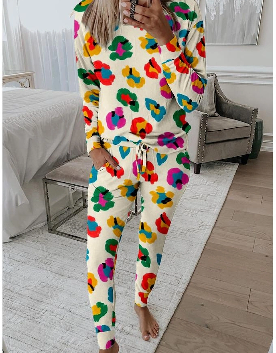 Apricot Leopard Print Long Sleeve Top and Skinny Pants Lounge Set