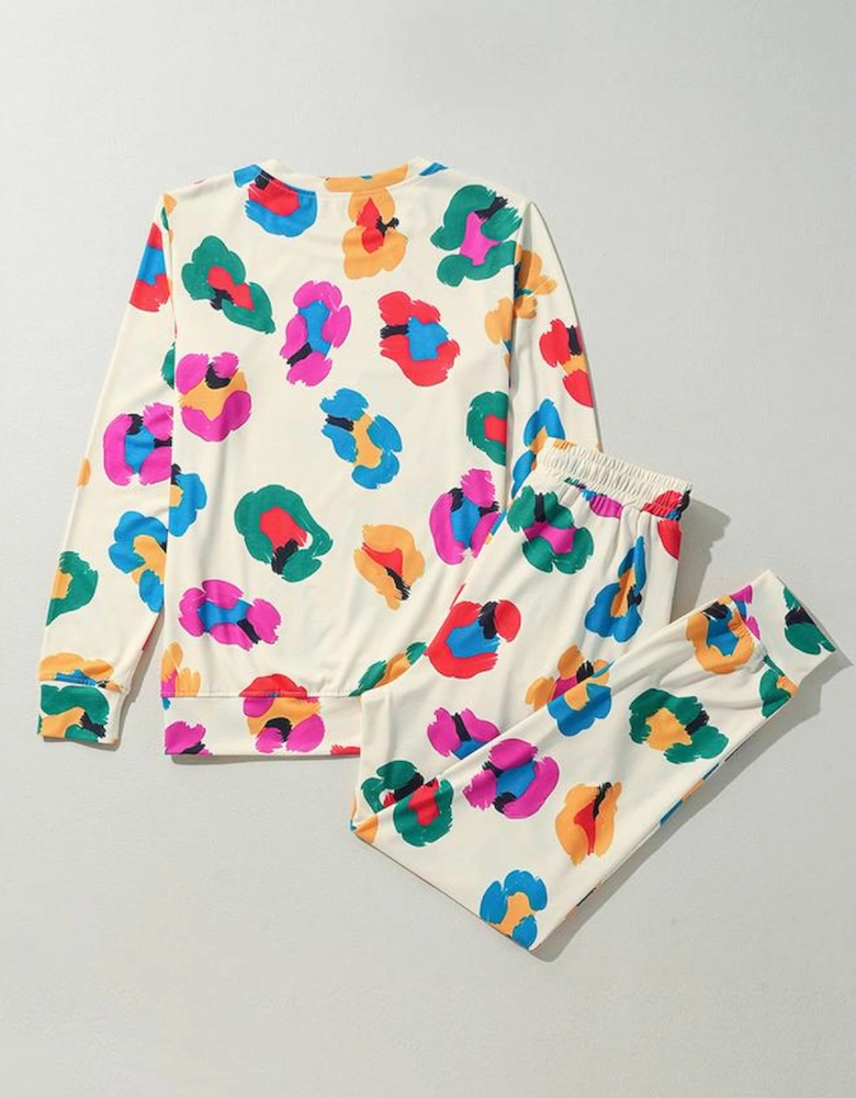 Apricot Leopard Print Long Sleeve Top and Skinny Pants Lounge Set