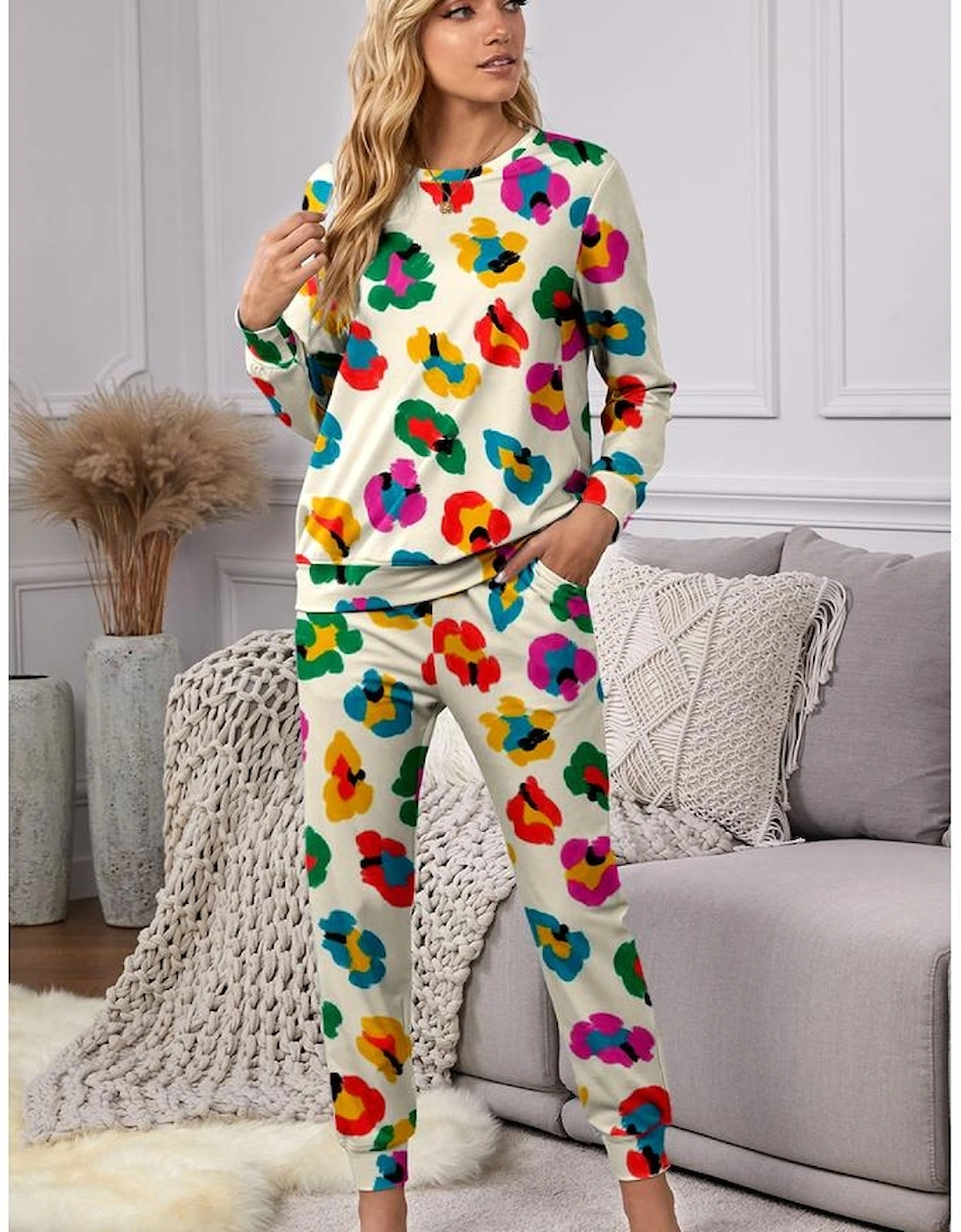 Apricot Leopard Print Long Sleeve Top and Skinny Pants Lounge Set