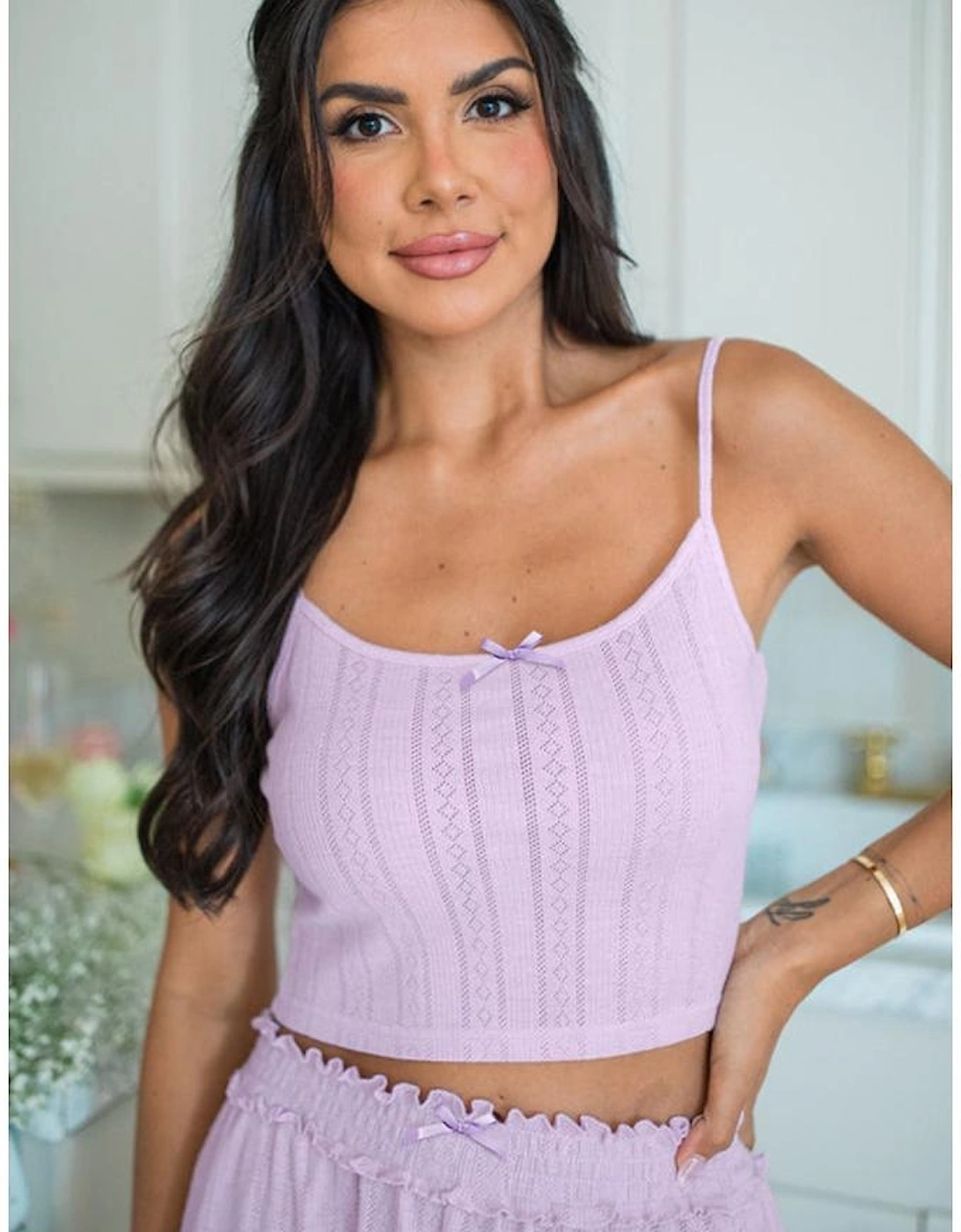 Orchid Petal Delicate Texture Cropped Cami Shorts and Cardigan 3pcs Lounge Set