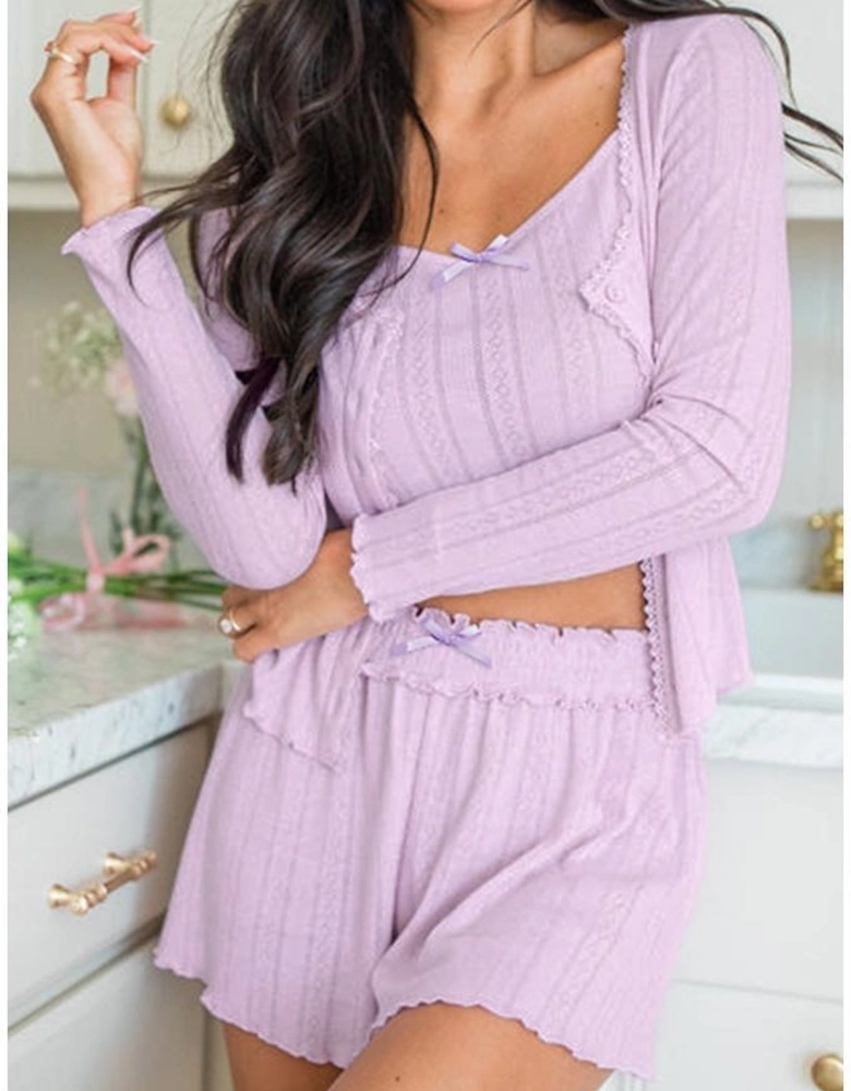Orchid Petal Delicate Texture Cropped Cami Shorts and Cardigan 3pcs Lounge Set