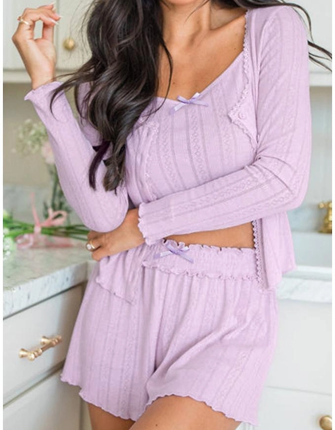Orchid Petal Delicate Texture Cropped Cami Shorts and Cardigan 3pcs Lounge Set