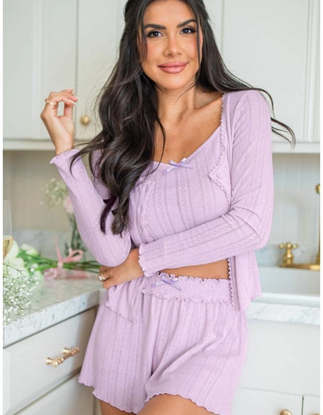 Orchid Petal Delicate Texture Cropped Cami Shorts and Cardigan 3pcs Lounge Set