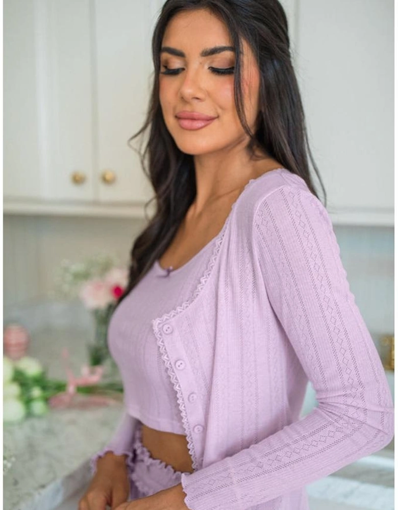 Orchid Petal Delicate Texture Cropped Cami Shorts and Cardigan 3pcs Lounge Set