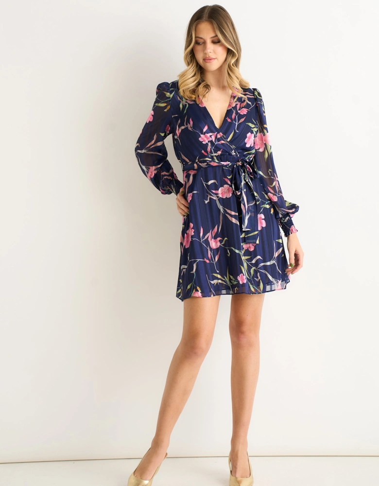 Navy Floral Print Shimmer Stripe Chiffon Wrap Mini Dress