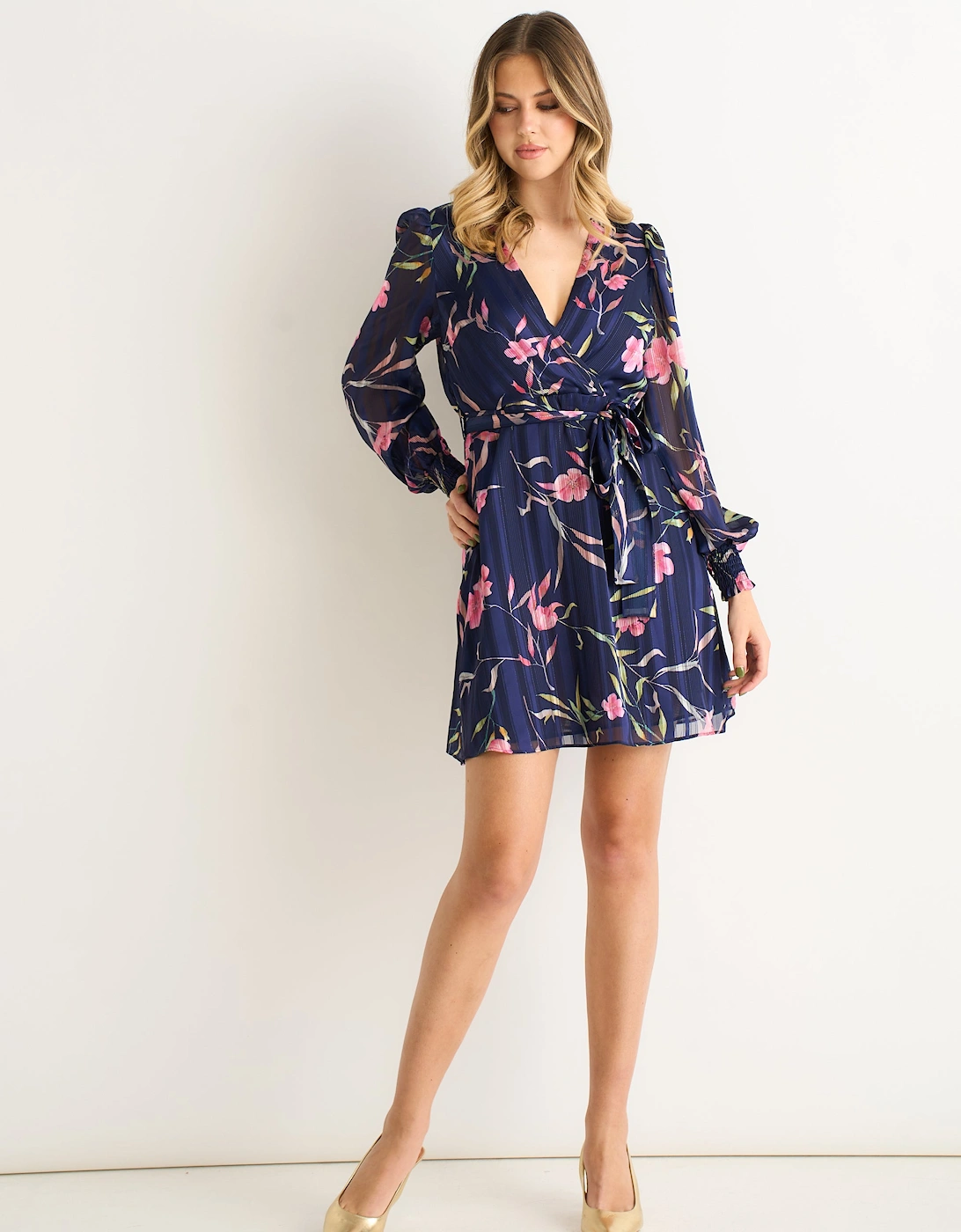 Navy Floral Print Shimmer Stripe Chiffon Wrap Mini Dress, 5 of 4