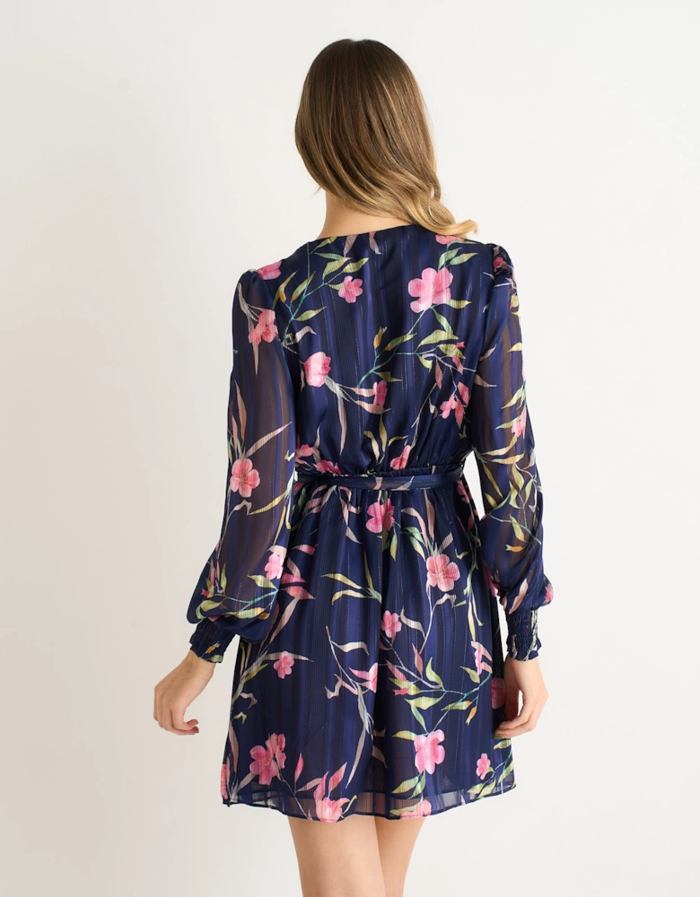 Navy Floral Print Shimmer Stripe Chiffon Wrap Mini Dress