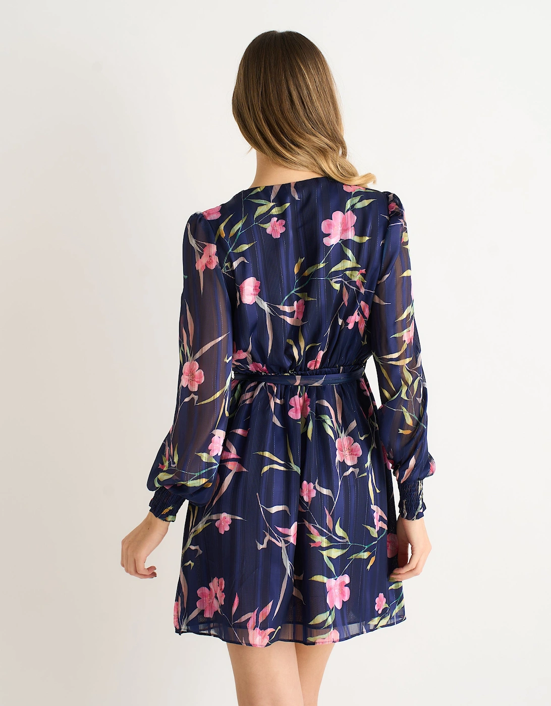 Navy Floral Print Shimmer Stripe Chiffon Wrap Mini Dress