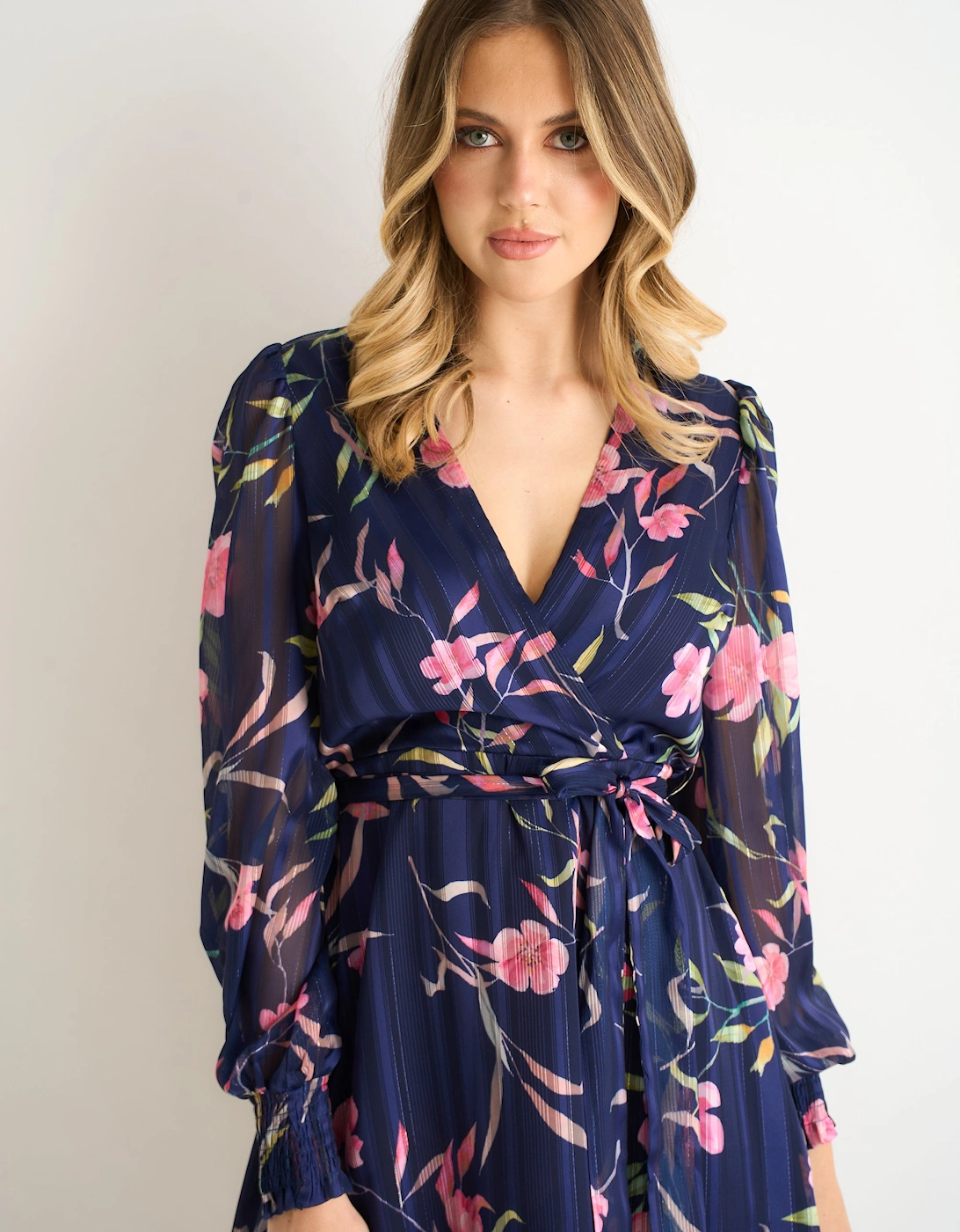 Navy Floral Print Shimmer Stripe Chiffon Wrap Mini Dress