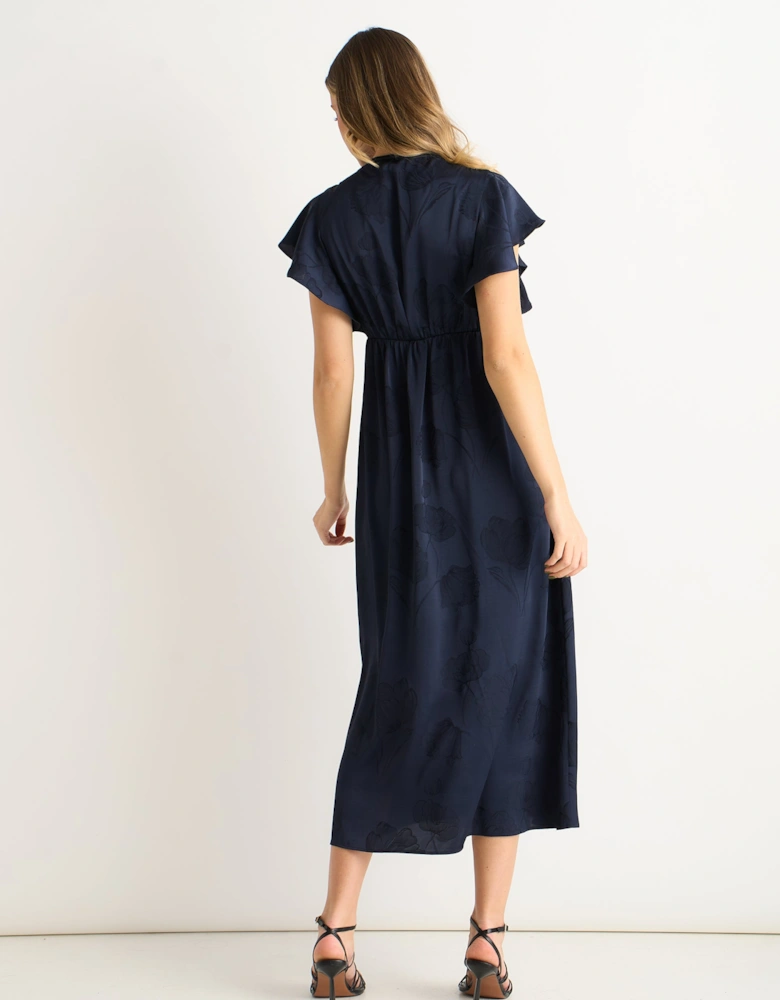 Navy Floral Satin Jacquard Lace Trim Midi Dress