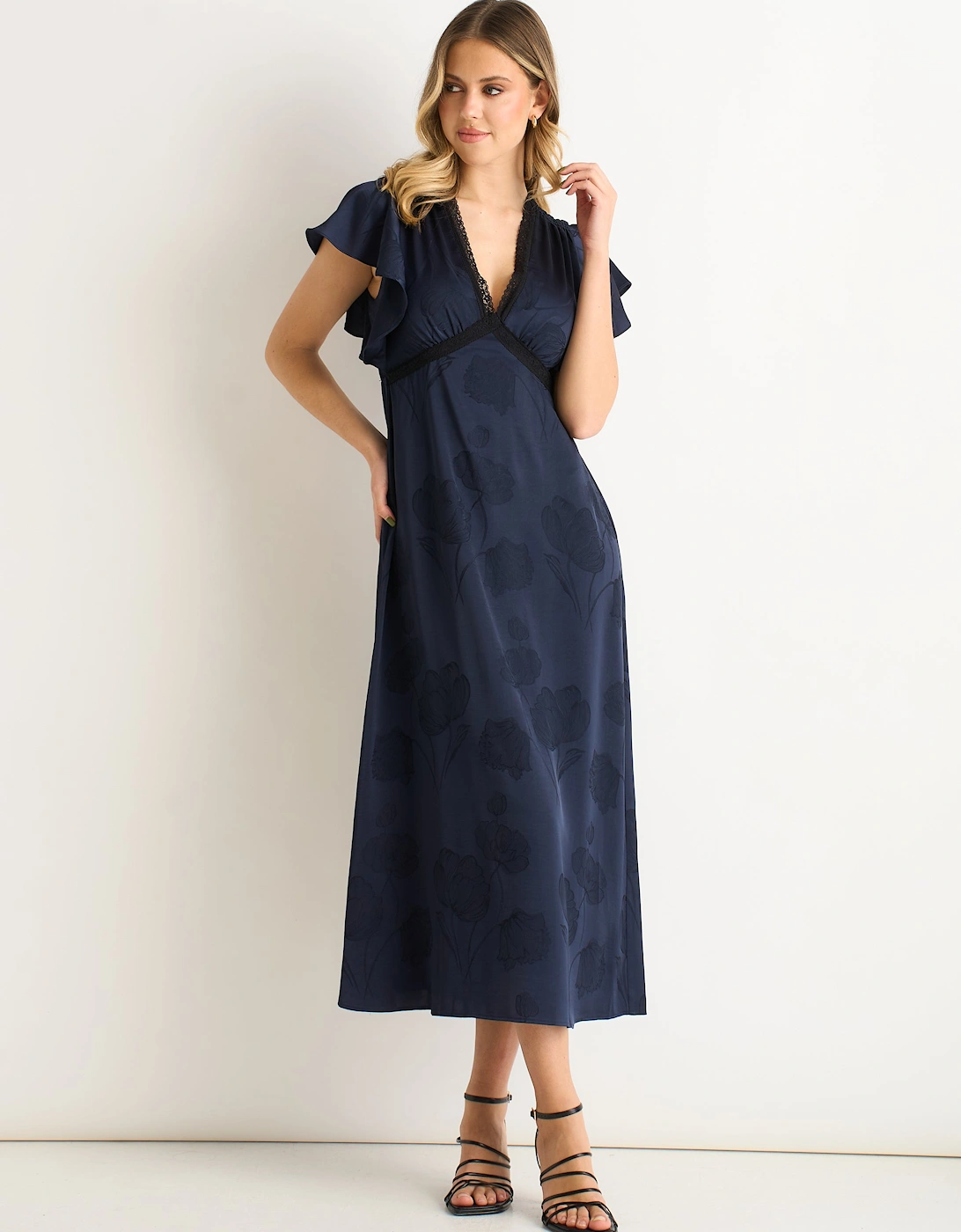 Gini London Women's Navy Floral Satin Jacquard Lace Trim Midi Dress - Size 12