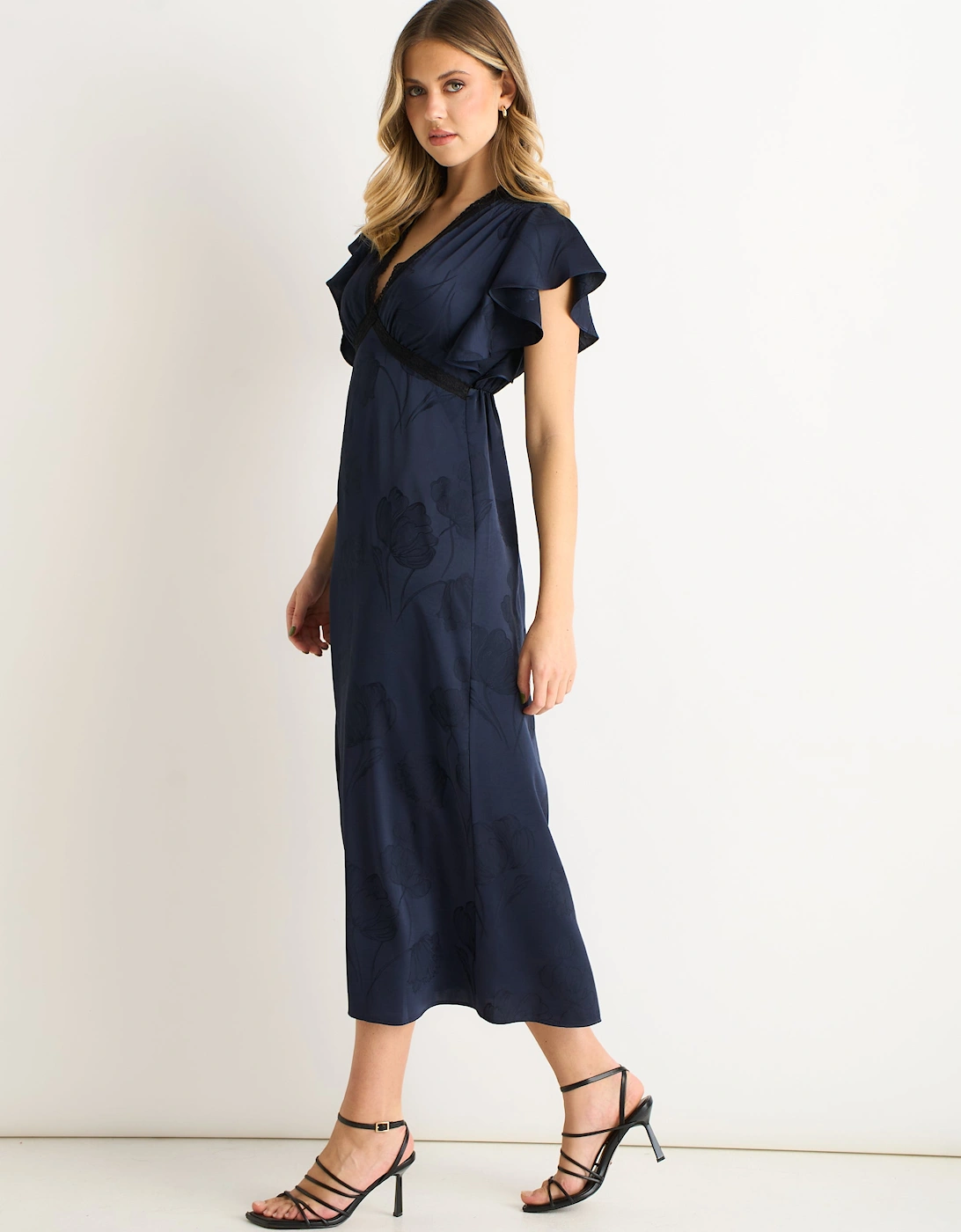 Navy Floral Satin Jacquard Lace Trim Midi Dress