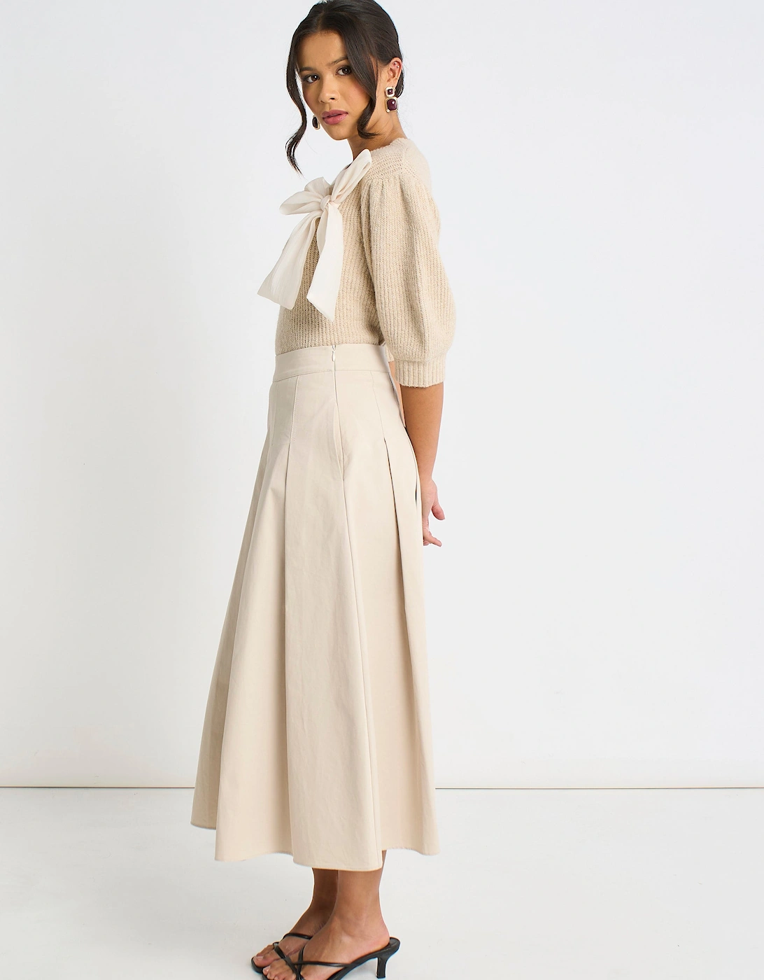 Stone Cotton Pleated Full Midi Skirt