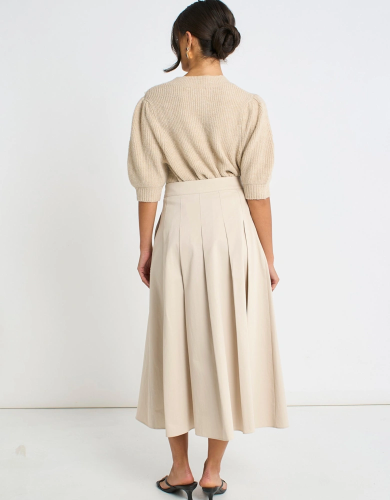 Stone Cotton Pleated Full Midi Skirt